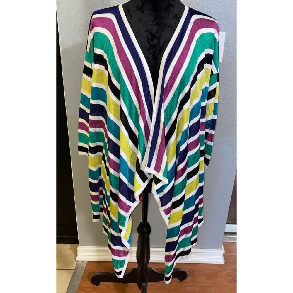 Anne Klein Cardigan Women's XL Open Front Jacket Multicolor Striped Sheer Light‎